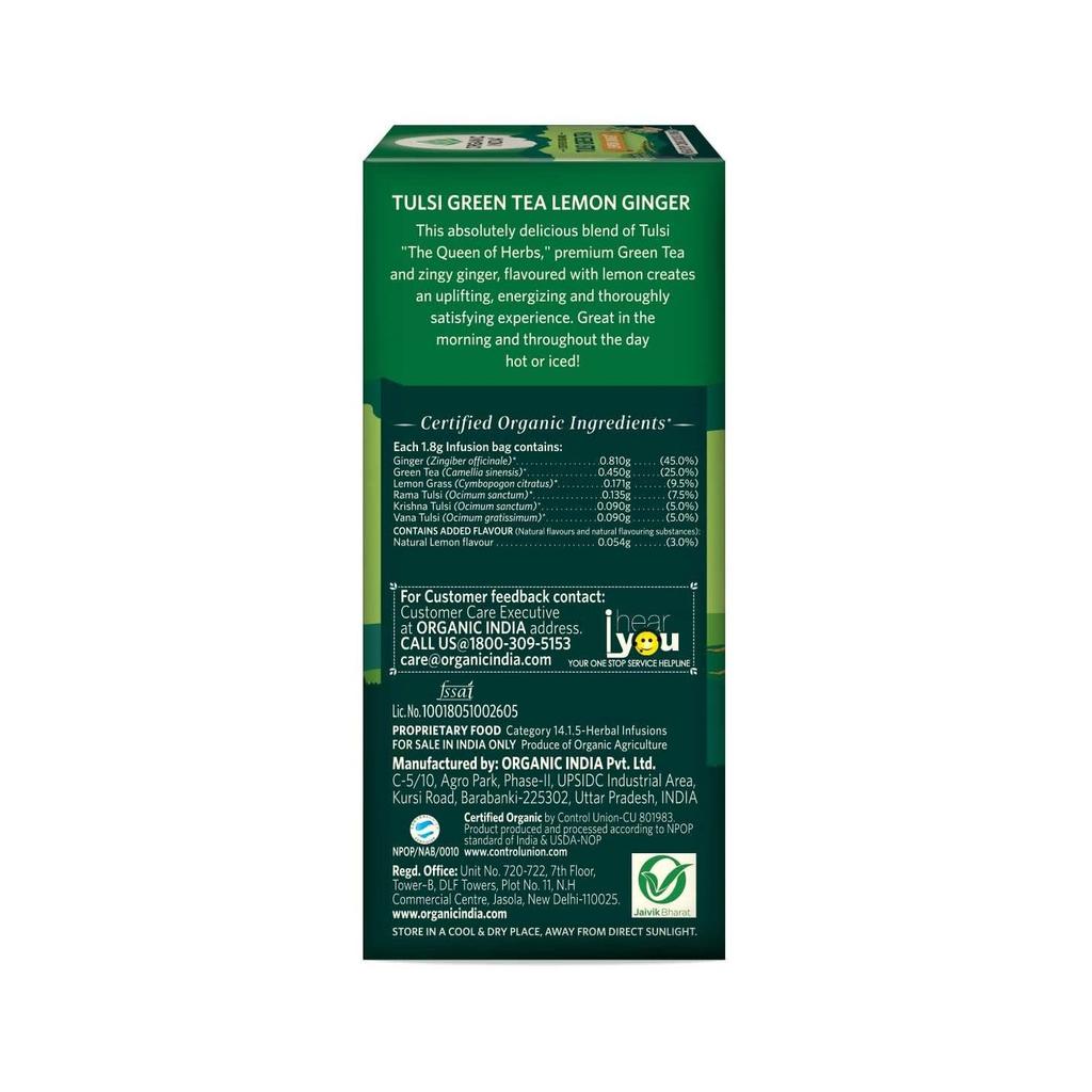 Green Tea with Tulsi, Lemon and Ginger (25 Packs, 1.8 G), Tulsi Green Tea Lemon Ginger, Organic India