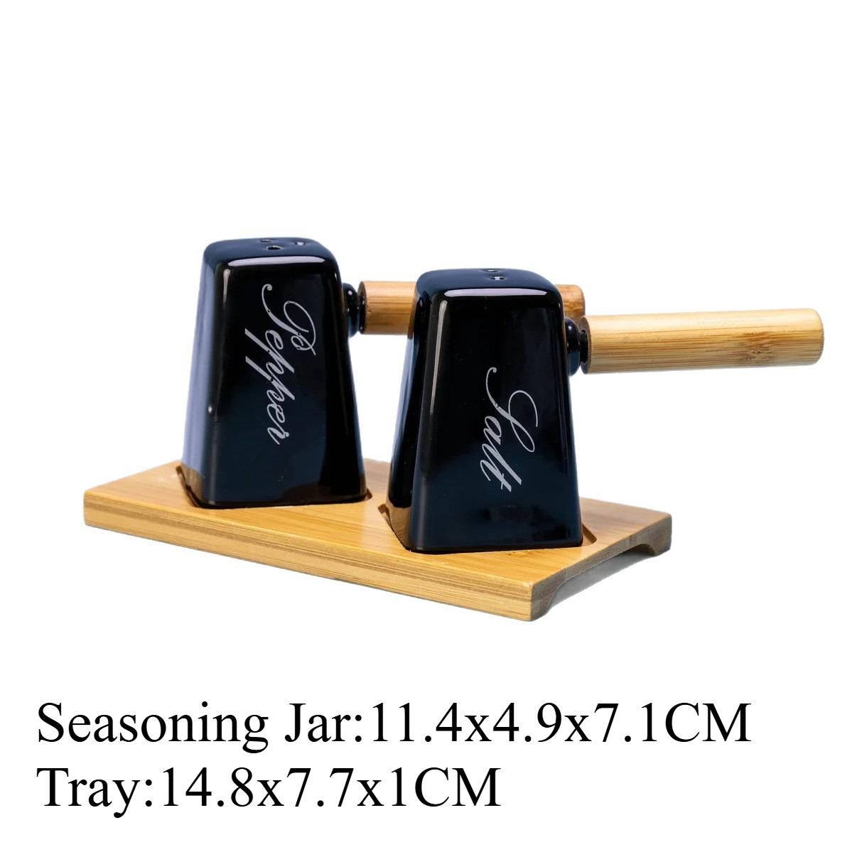 

Creative Ceramic Spice Bottle with Wooden Handle Bamboo Wooden Tray Base Salt Shaker Set Pepper Shaker Home Kitchen Supplies