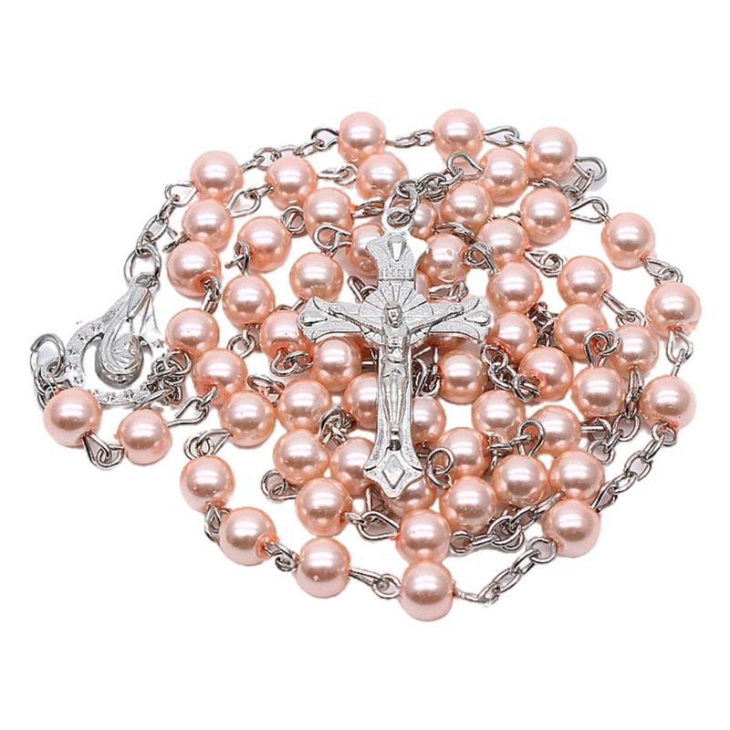 6mm Pearl Cross Rosary Necklaces Bead Chain Pendant Ornaments for Home Church Yoga Room Decorations Gift