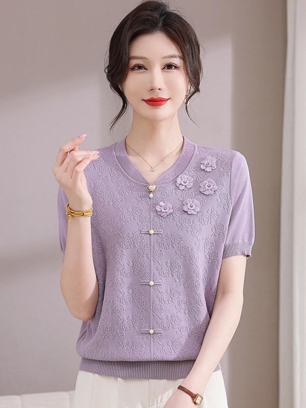 2026 Stylish Ice Silk Knit Short-Sleeve T-Shirt for Moms: Chinese Style Summer Top for Middle-Aged and Elderly Women