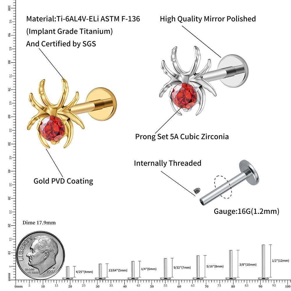 Right Grand ASTM F136 Titanium 16G CZ Spider Cartilage Earring Animal Spider Helix Tragus Lobe Stud Halloween Piercing Jewelry