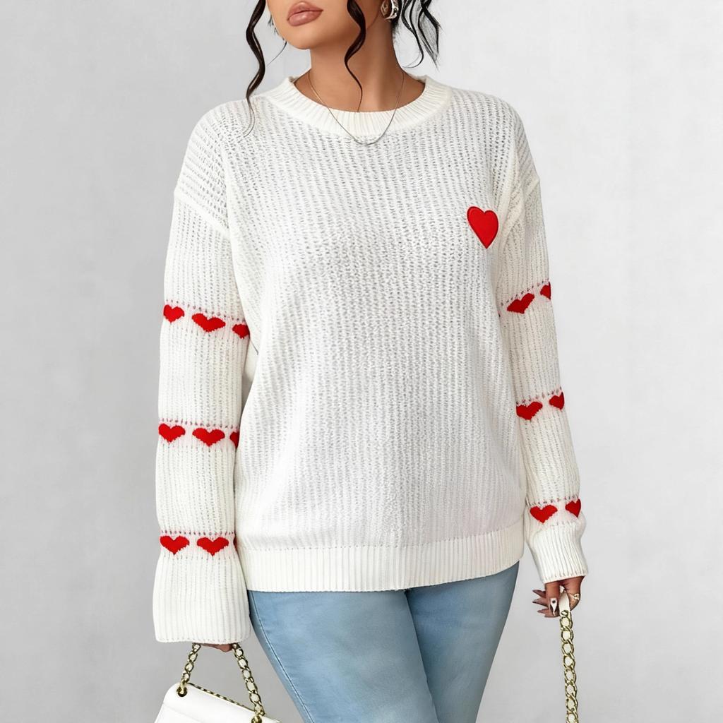 2026 New European and American Large-size Sweater Contrasting Colors Love Embroidery Splicing Cross-border Women's Clothing Casual Pullover Loose