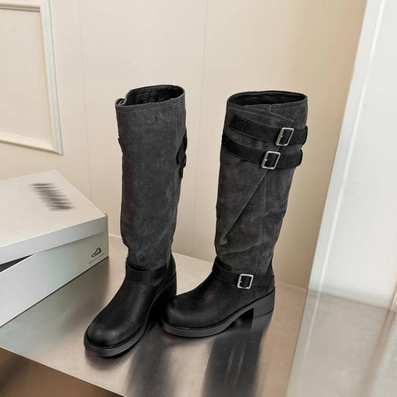 Autumn and winter big tube circumference Martin boots solid color leather women's leather boots medium heel round head new square heel versatile hig