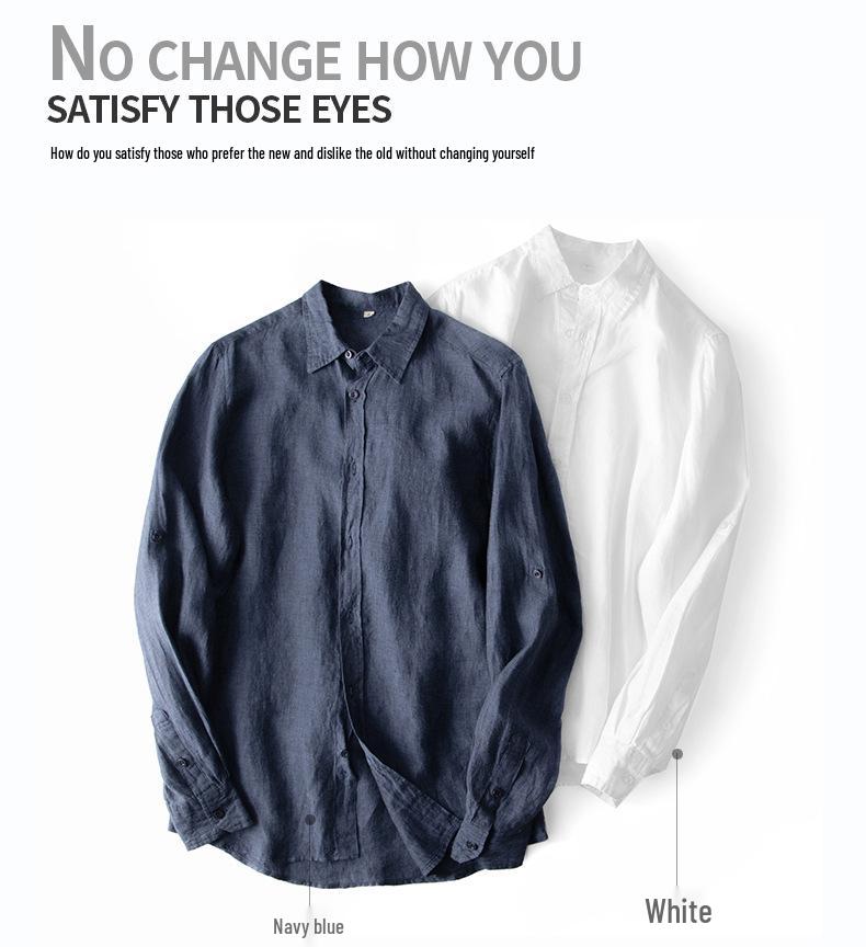 Men's Casual Long Sleeve Cotton Linen Shirt with Turn-Down Collar - Lightweight, Loose Fit for Spring & Autumn.