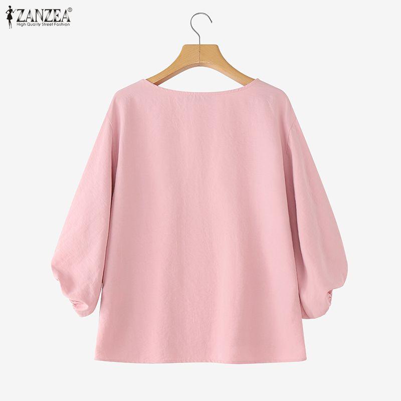 ZANZEA Blusa informal de mujer con cuello redondo, color liso, manga 3/4