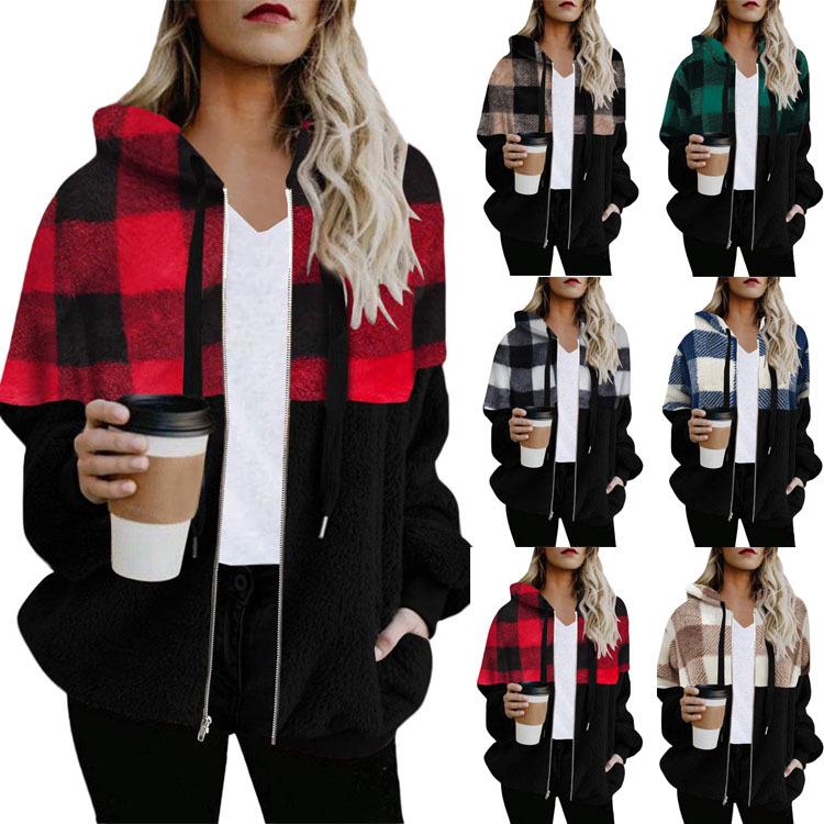 Plaid Color Block Plush Hooded Zipper Sweatshirt Jacket – Autumn/Winter Collection