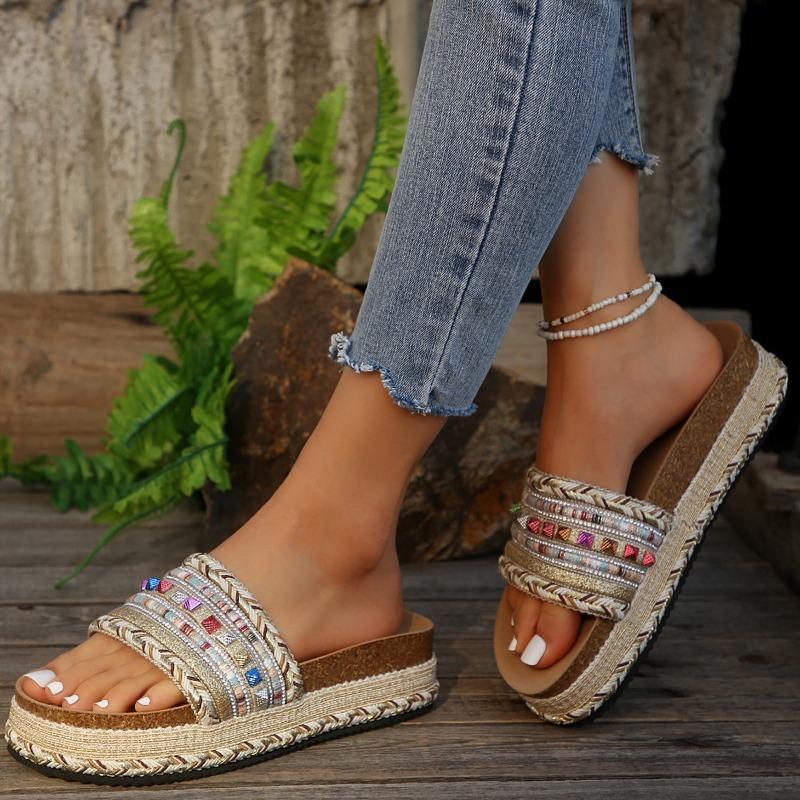 Damskie sandały na platformie w stylu boho, wielokolorowe, plecione, wsuwane