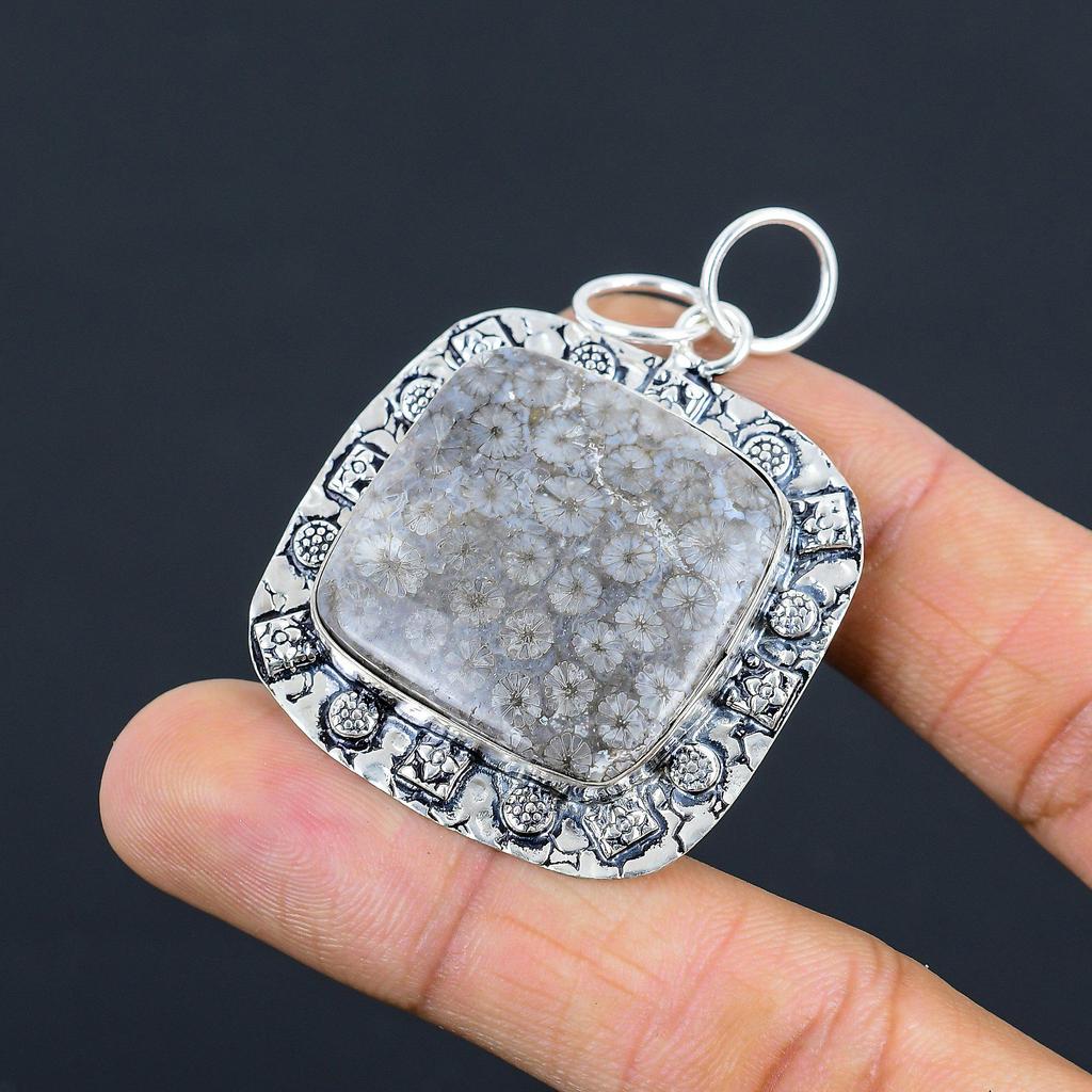 Cushion Fossil Coral Stone Sterling Silver Anniversary Wedding Pendant Jewelry