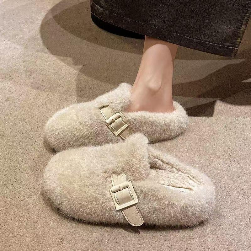 

High-heel Platform Shoes - New Autumn-winter Style Women s Round-cushion Slippers Made of Cotton 40 бежевий