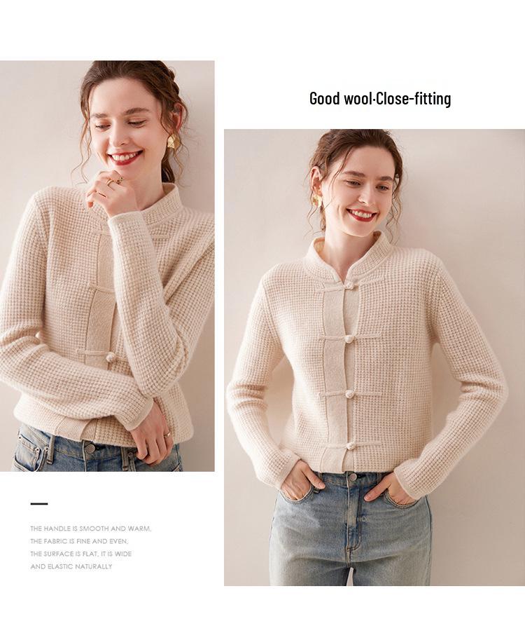 Women's Cashmere Cardigan with Frog Button and Qipao Collar - 100% Pure Wool, Retro Style, Thick Knit Sweater Coat