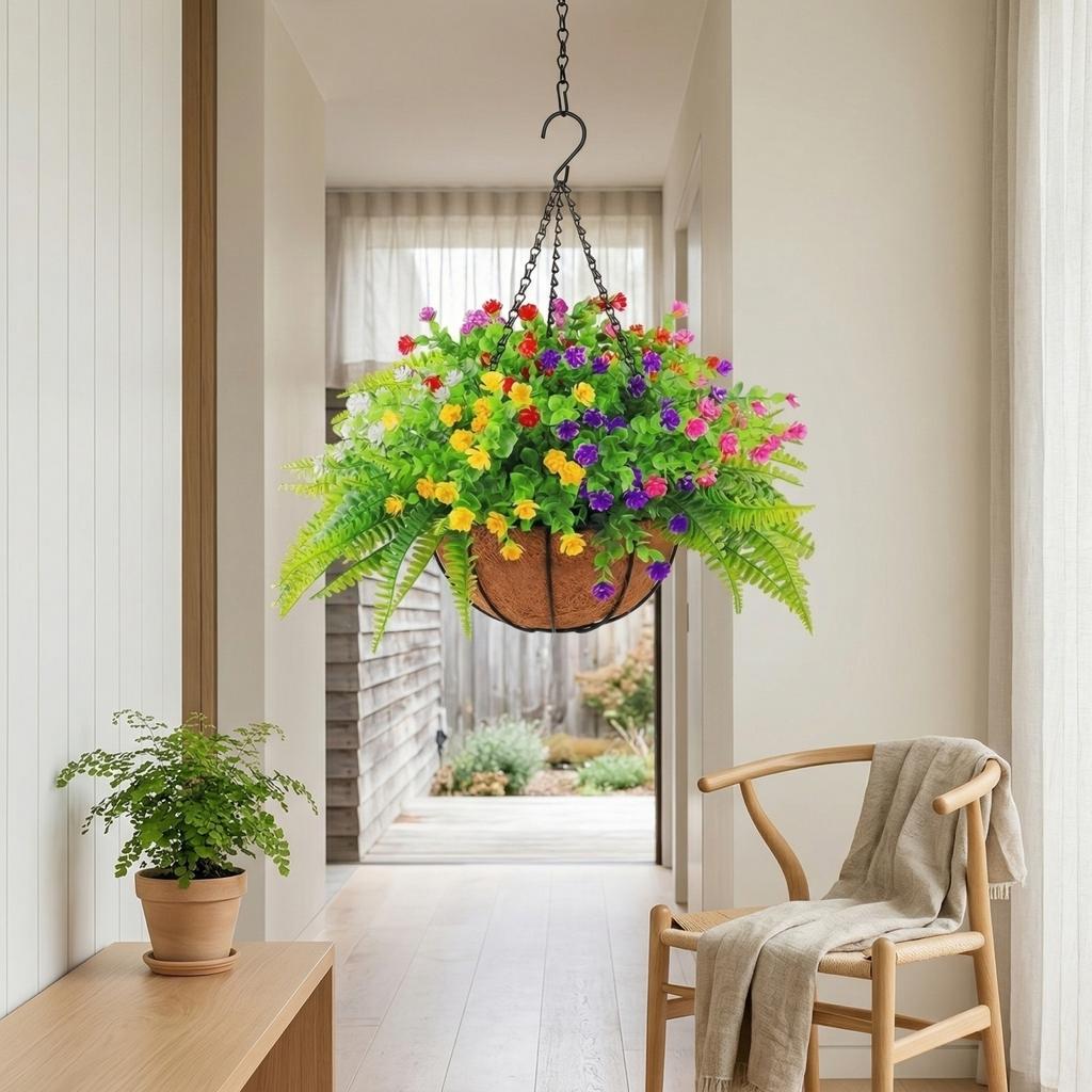Artificial Flowers Hanging Basket for Outdoor Indoor with Leaves Faux Green Fern Plant in Pot