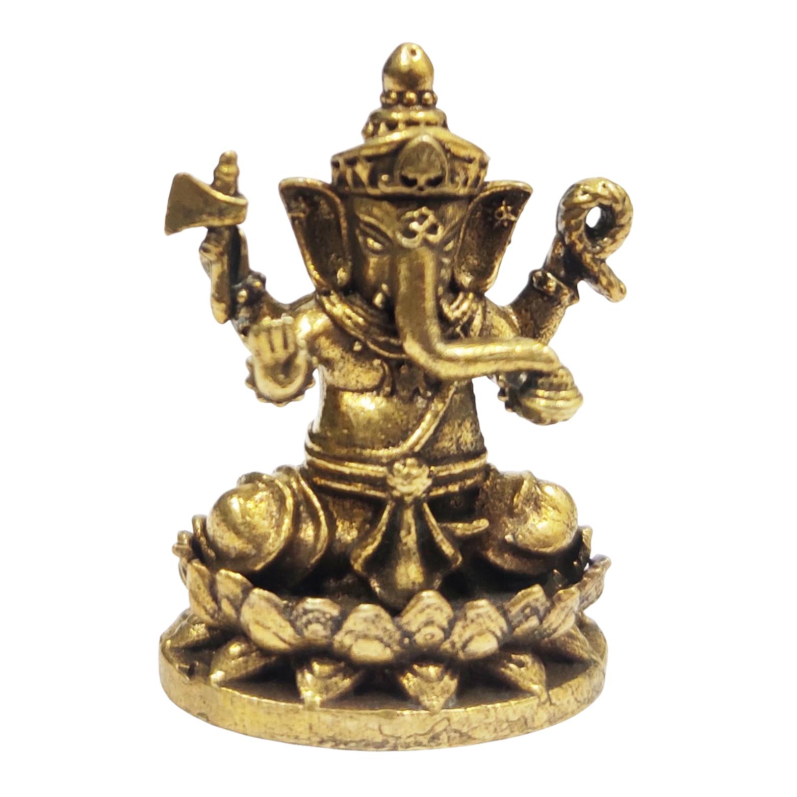 Rare Miniature Brass Idol, Ganesha Ganapati On Lotus Collectible Statue, Gold