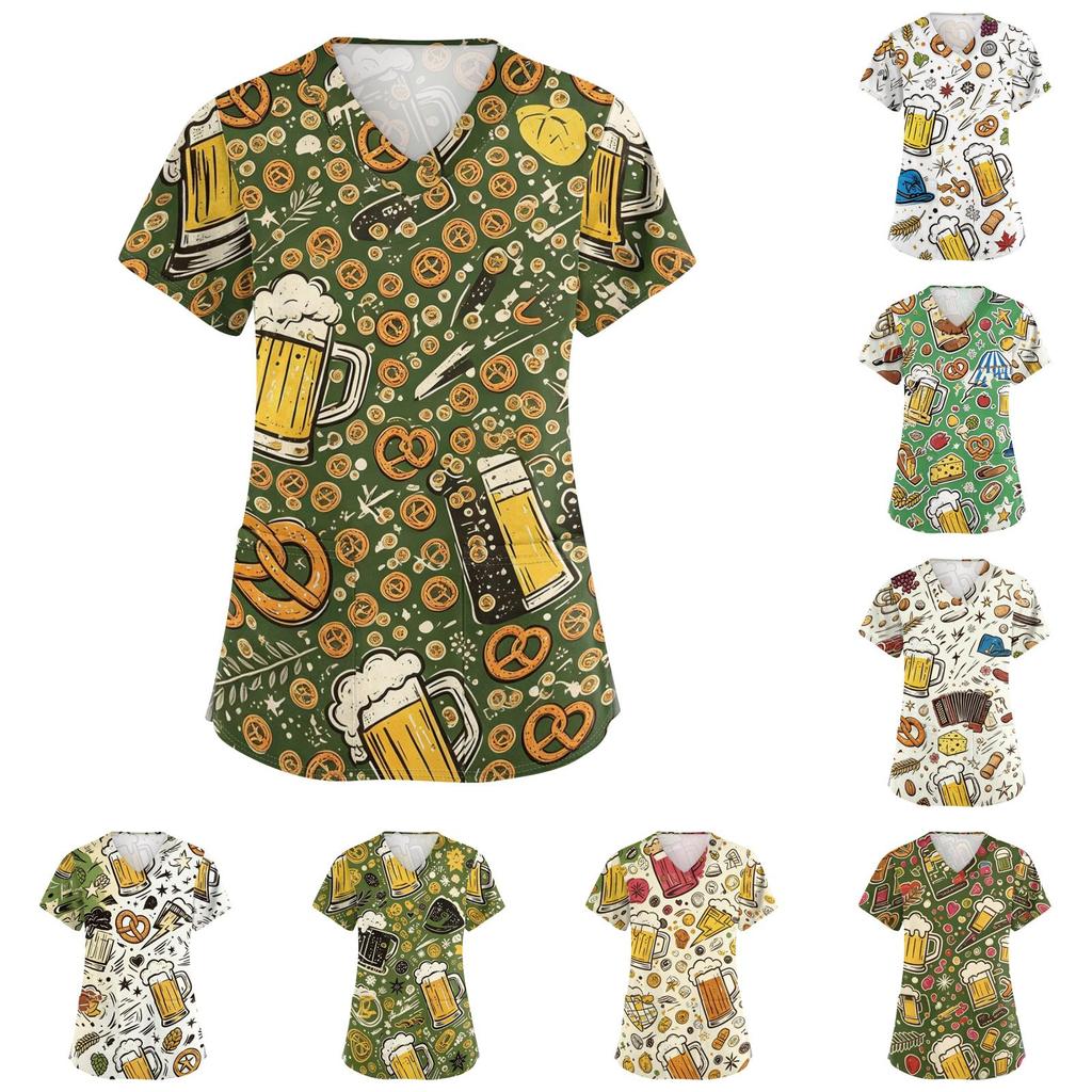 Women's V Neck Short Sleeve Work Top with Pockets Oktoberfest Print Medical Uniform Nurse Scrub Shirt for Healthcare Professionals