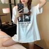 Summer new American printed lower clothes missing medium and long loose top white short-sleeved T-shirt women's ins tide