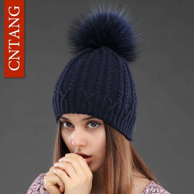Women Double Deck Knitted Wool Hat Winter Natural Raccoon Fur Warm Caps Female Pom Pom Hats Ladies Fashion Skullies Beanies Cap