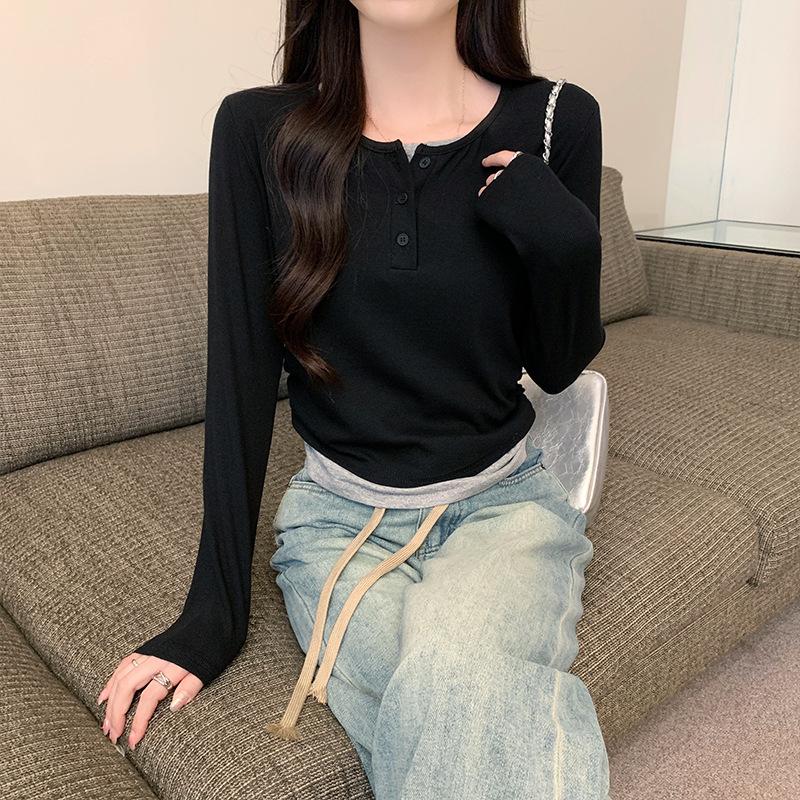 

Корейская поддельная женская футболка из двух частей с длинными рукавами на весну, новая короткая тонкая базовая рубашка, корейская универсальная футболка с верхом 2XL