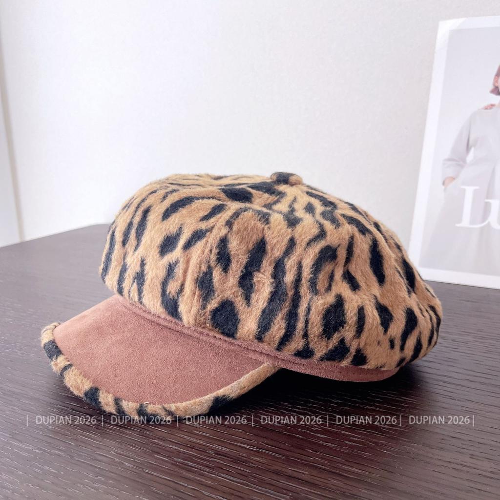 Retro leopard print cloud newsboy hat children's autumn and winter new versatile face peaked cap to keep warm from the cold octagonal hat