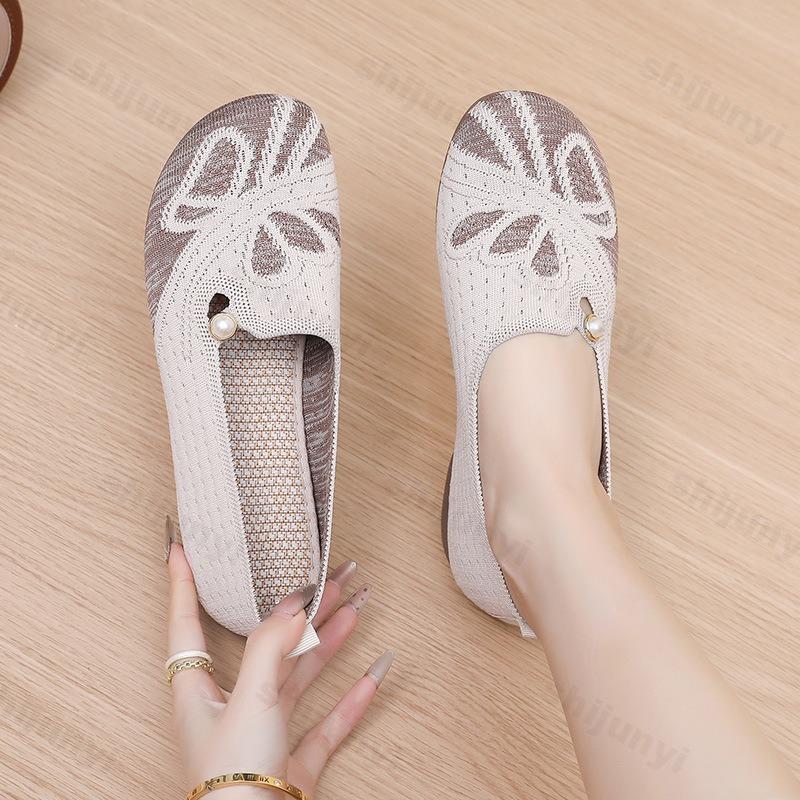 Damen Freizeit Flache Schuhe 2026 Herbst Bequem Rutschfest Outdoor Wanderschuhe Mesh Atmungsaktiv Gestrickt Perlenblume Freizeitschuhe