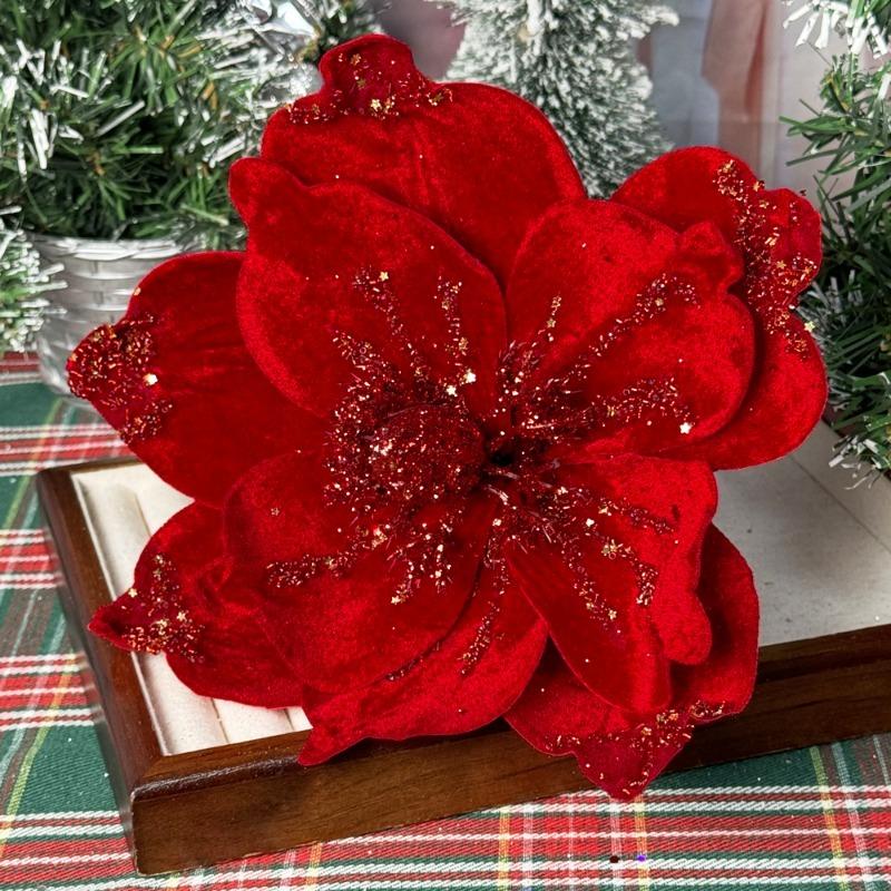 Glitter Artificial Christmas Flowers Simulation Red Poinsettia Flower DIY Xmas Tree Ornaments Wedding New Year Home Decorations