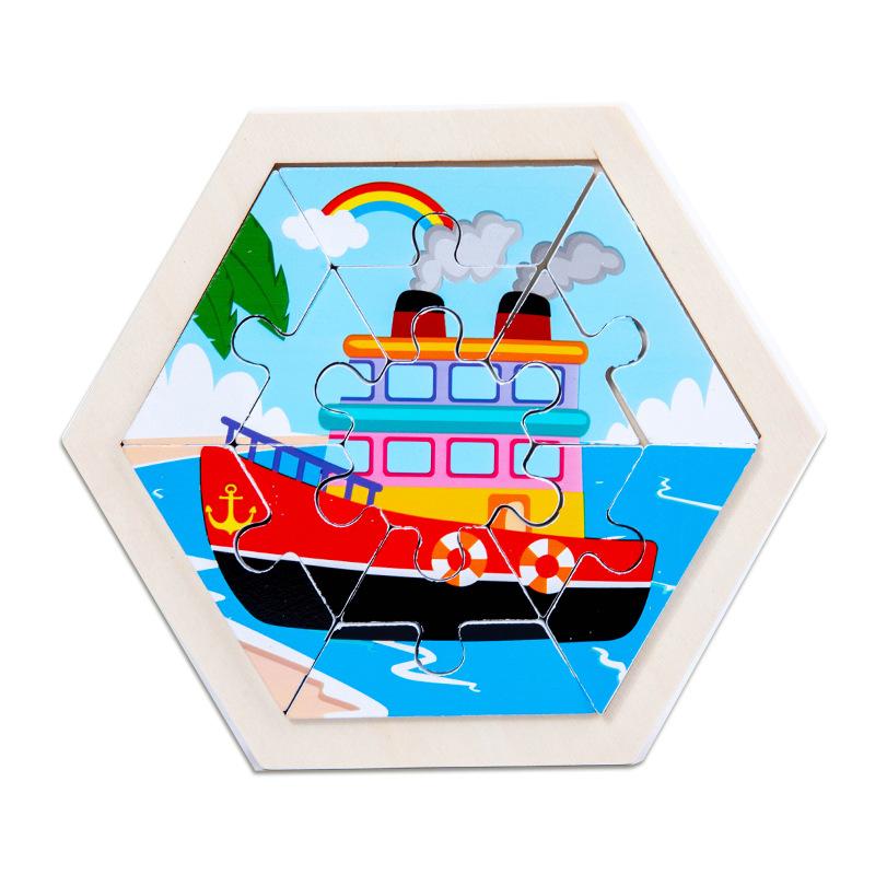 Hexagonal Children's Creative Three-dimensional Animal Puzzle Wooden Early Education Puzzle Fruit and Vegetable Traffic Cognitive Toys