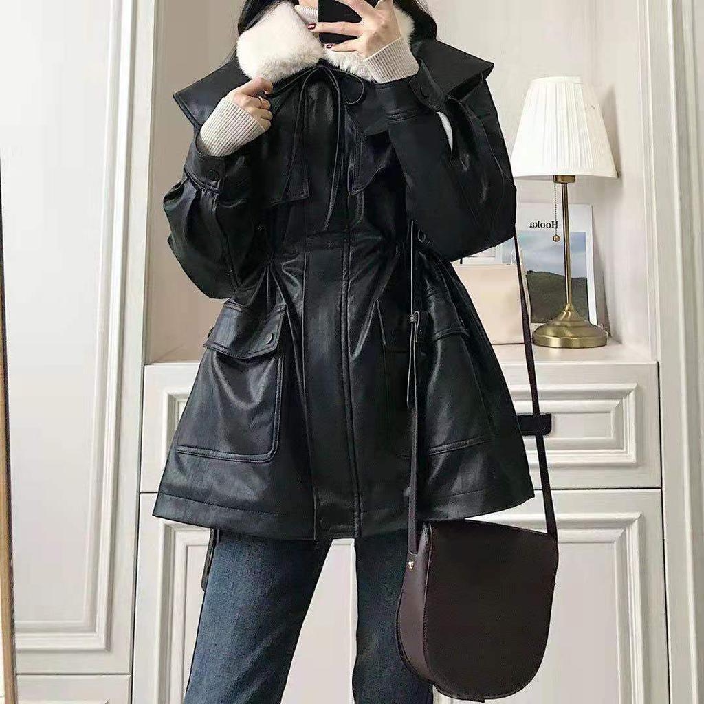 Retro PU Leather Jacket, Fur Coat, Loose Parka Leather Jacket for Women Winter