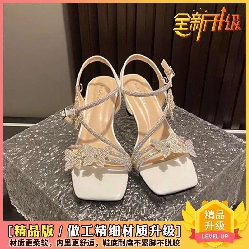 Rhinestone French Summer Sandals Women's 2025 New Summer Wear Exquisite High-end Feeling Not Tired, Middle Heel High Heels