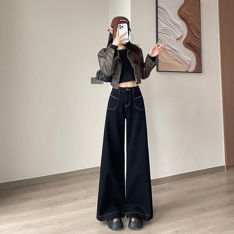 

Женские джинсы клеш с высокой посадкой, черные, с широкими штанинами, весна 2025, длина в пол, свободный крой XL