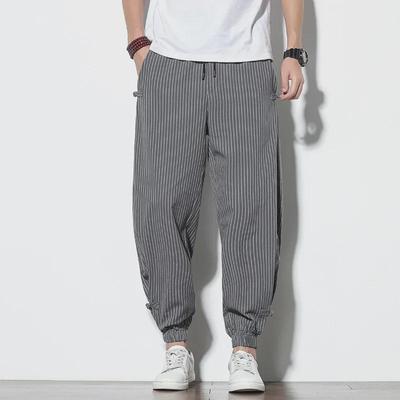 Pantalones Jogger Holgados de Lino a Rayas para Hombre Otoño 2021 Estilo Chino