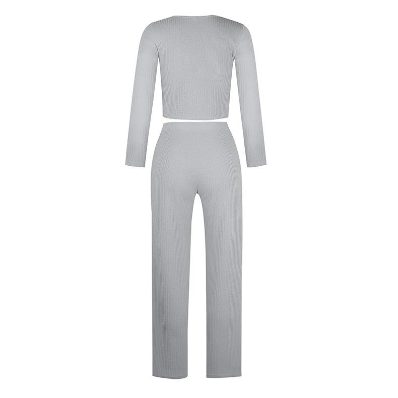 Costum din tricot pentru femei de primăvară și toamnă Top cu mâneci lungi Pantaloni lungi Costum casual subțire cu nasturi