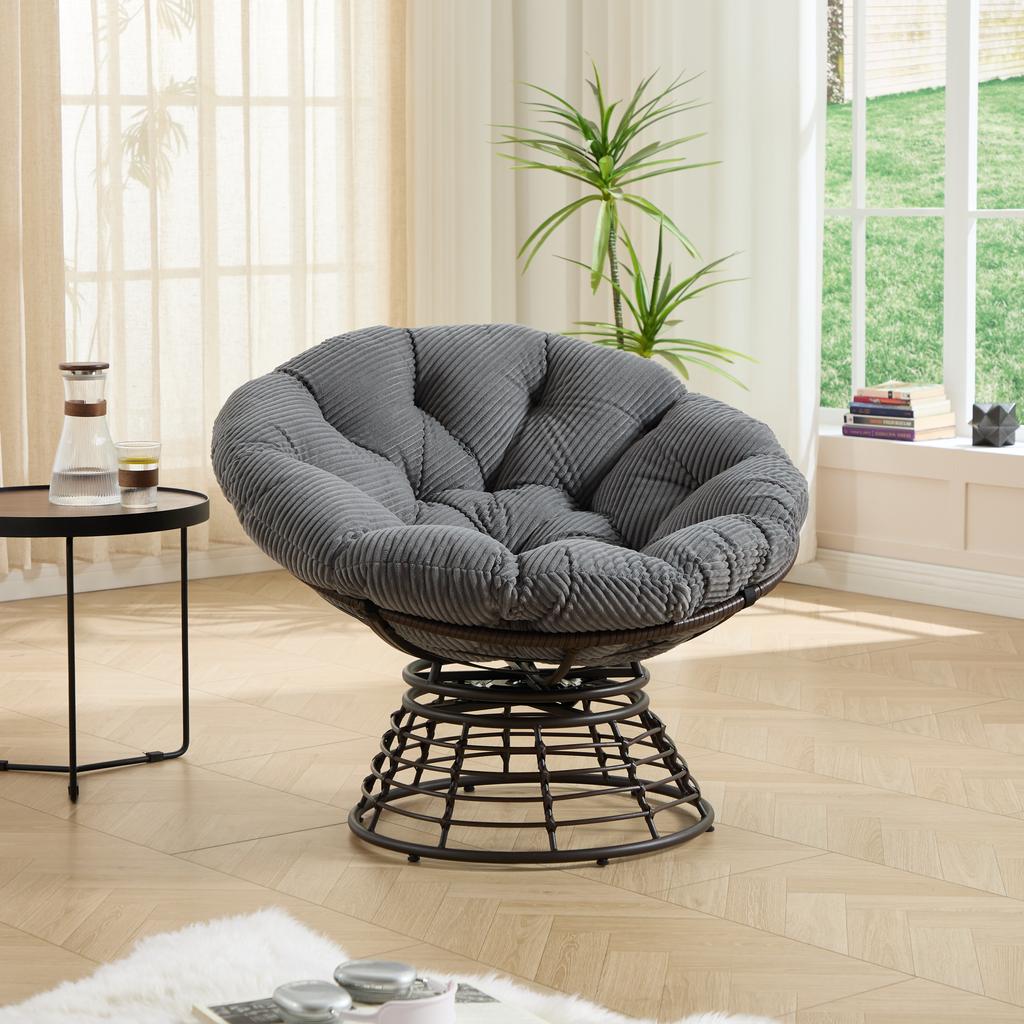 Comfortable Wicker Papasan Chair, 360 degrees Swivel Indoor Outdoor, with Soft Thick Cushion, Ideal for Living Room, Brown Frame