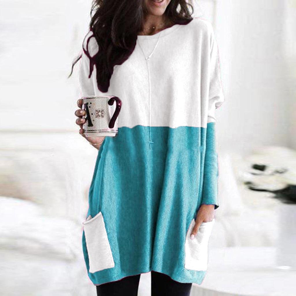Women Fashion Casual Long Sleeve Patchwork Pockets Loose Tops Blouse