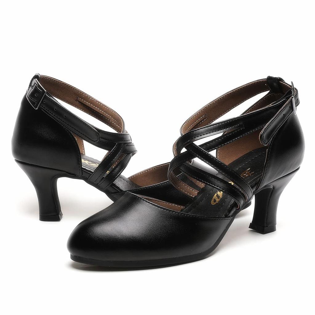 Women's Cross Strap Character Shoes Non-Slip Salsa Latin Ballroom Dance Pumps Black Wedding Heels
