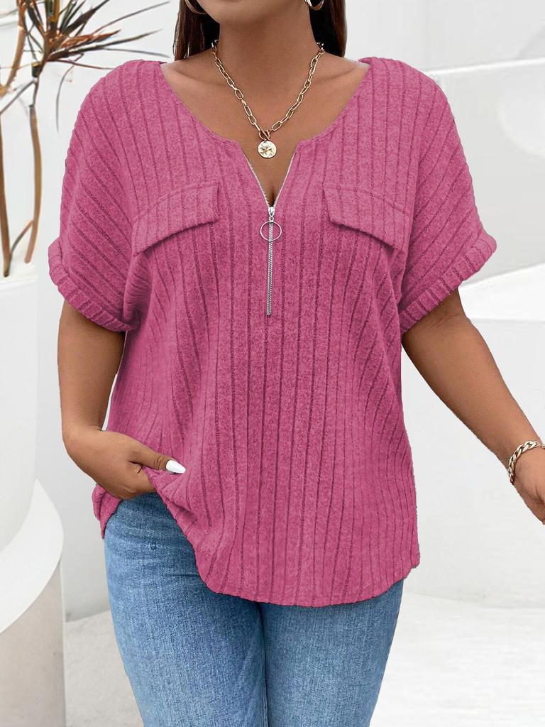 New solid color plus size women's blouse zipper short-sleeved fake pocket pullover T-shirt loose