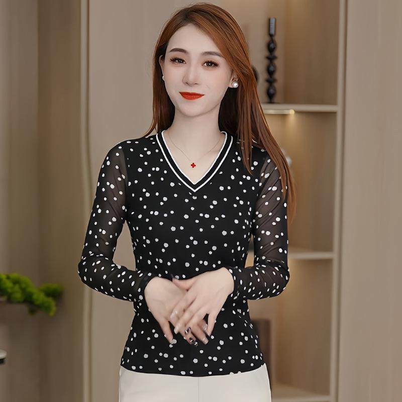 

Пуловер с V-образным вырезом, сетчатыми рукавами и принтом в горошек - Универсальный женский модный топ M