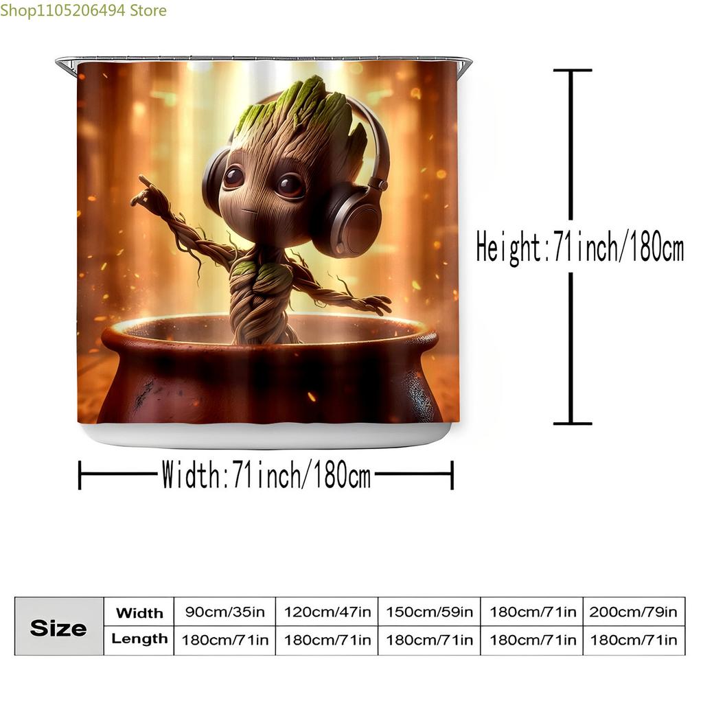 1pc Marvel shower curtain Groot Printed Shower Curtain with Hooks,, Window and Wall, Bathtub, Bathroom Home Decor Shower Curta