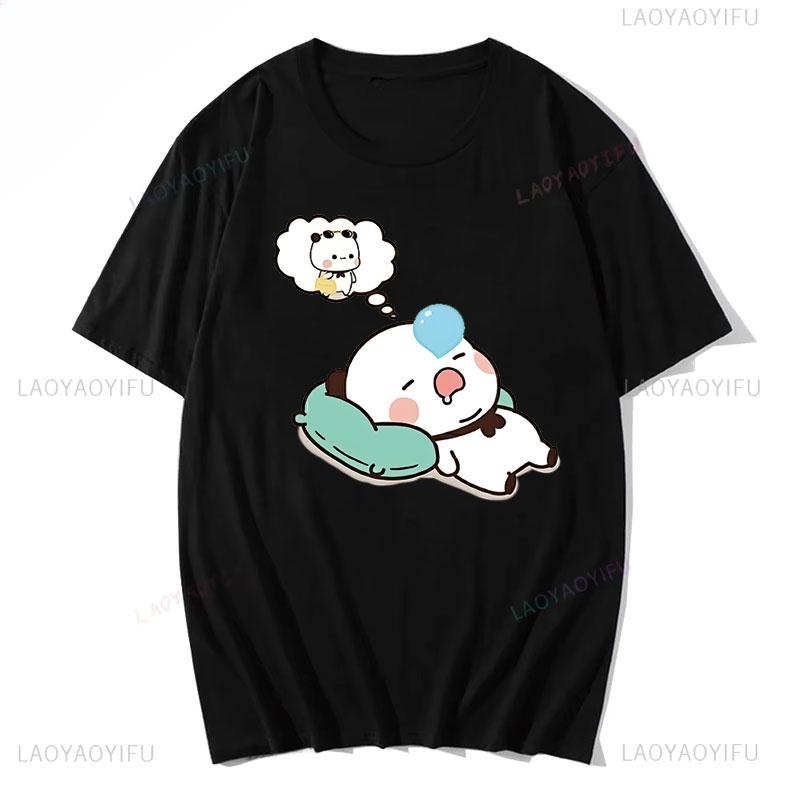Couple Shirts Kawaii Cute BuBu Panda Going To Sleep with DuDu Bear Graphic Tshirt Funny Cotton Unisex Clothes Lovers' Clothes