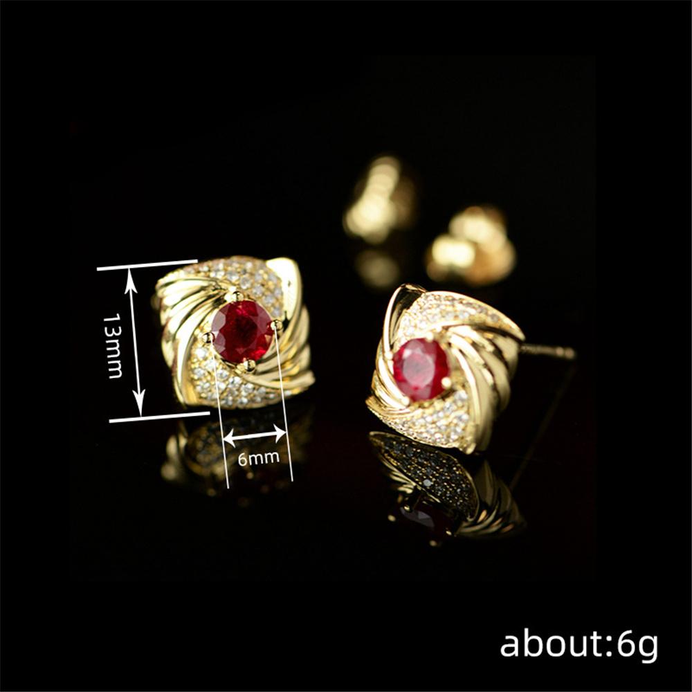 Cute Female Red Zircon Stone Gold Color Round Stud Earrings Lovely Bridal Wedding  For Women