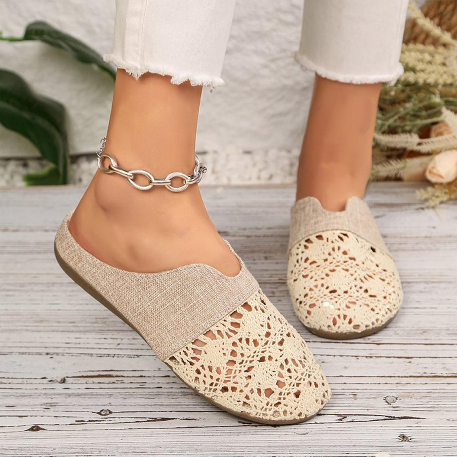 Large flat bottomed spliced hollowed out European and American retro hooded slippers 38 бежевый