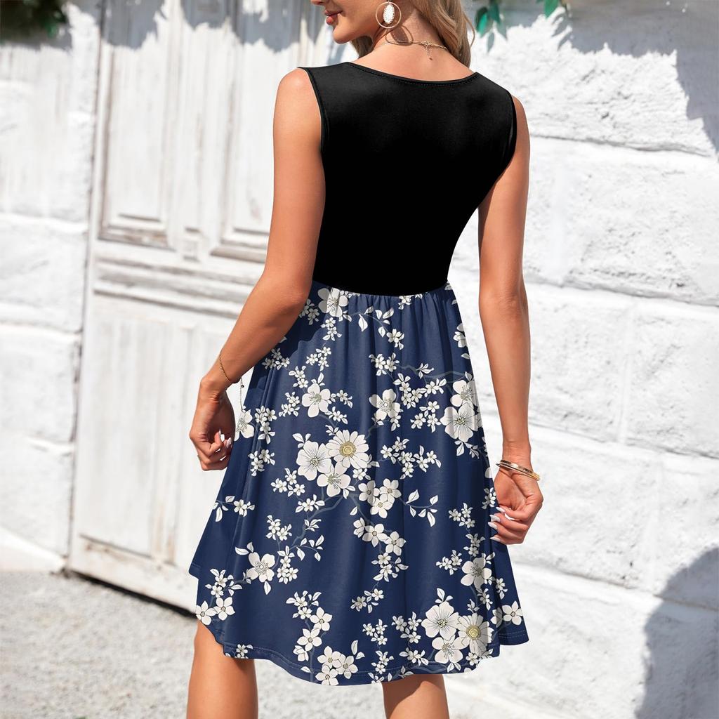 Women's Sleeveless Casual Vacation Loose Swing Geometric Button Midi Dress With Pockets