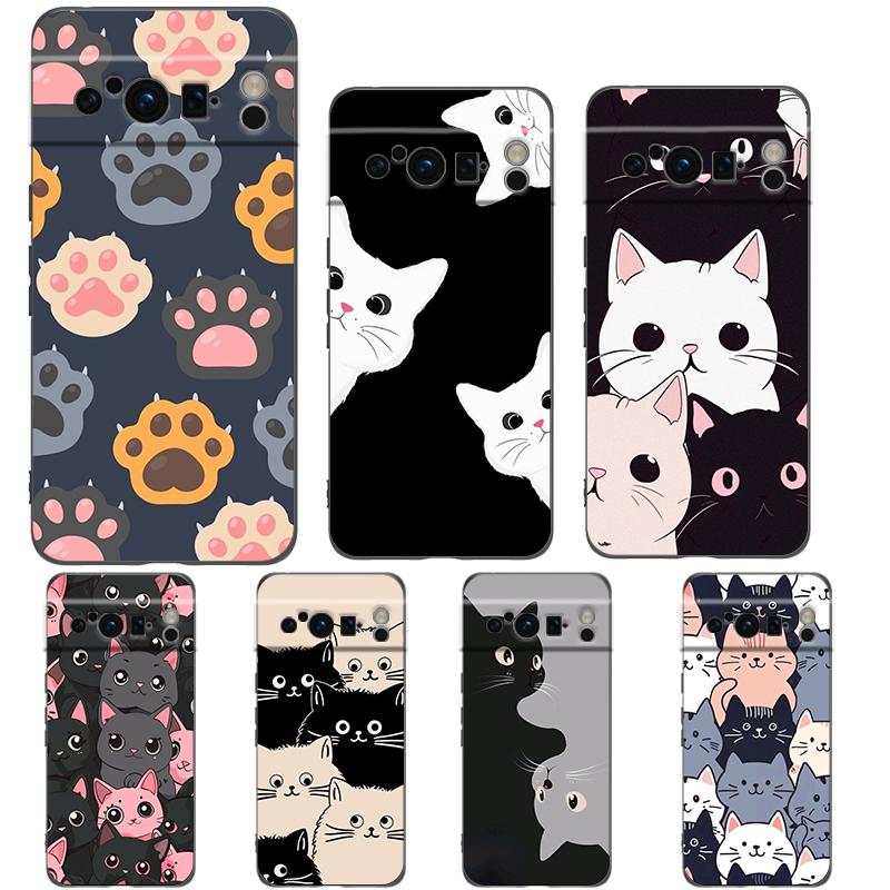Cute Cat Phone Case For Google Pixel 9 8 7 6 Pro XL 8A 6A 7A 5G Soft Shockproof TPU Black Cover Fundas