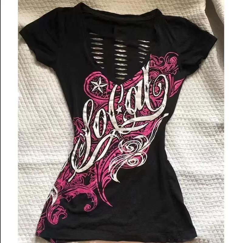 Americké Vintage Tričko Dvě Falešné Části Dámské Streetwear Hip Hop Gotické Harajuku Grunge Y2k Crop Top Černé Lebky Punková Trička