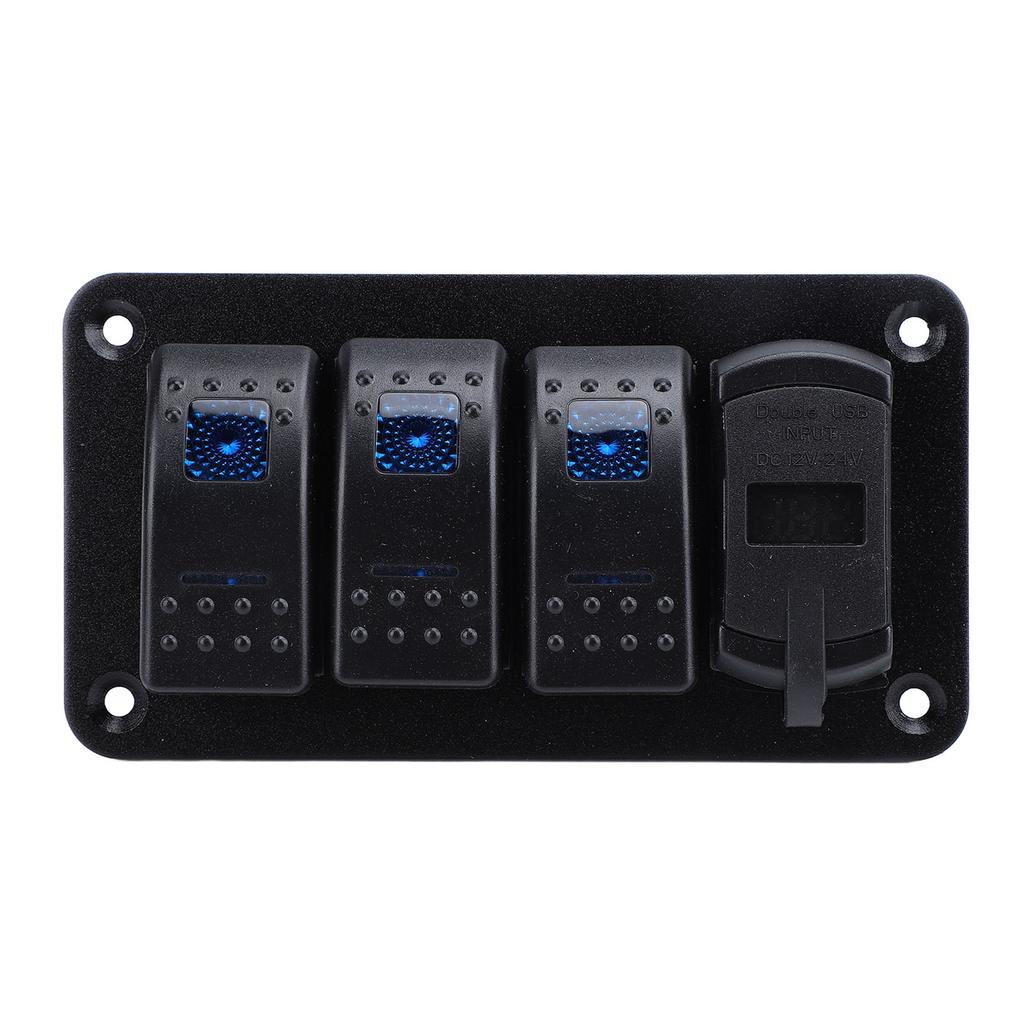 12V 24V 3 Gang Rocker Switch Aluminum Panel with Voltmeter Dual USB Fast Charging Multifuntional