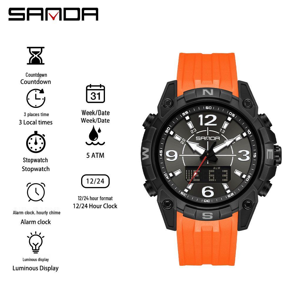Sanda Men's Multifunctional Waterproof Sports Watch with Dual Display and Snooze Alarm