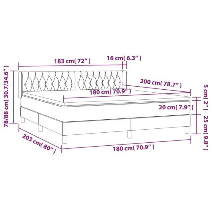 3131153 vidaXL Lit à sommier tapissier et matelas Gris clair 180x200cm Velours