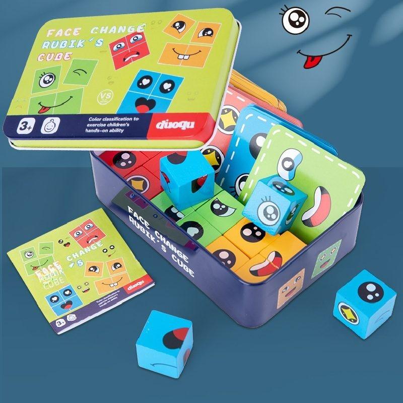 Colorful Wooden Face-changing Magic Cube Toy In Iron Box Children's Battle Toy