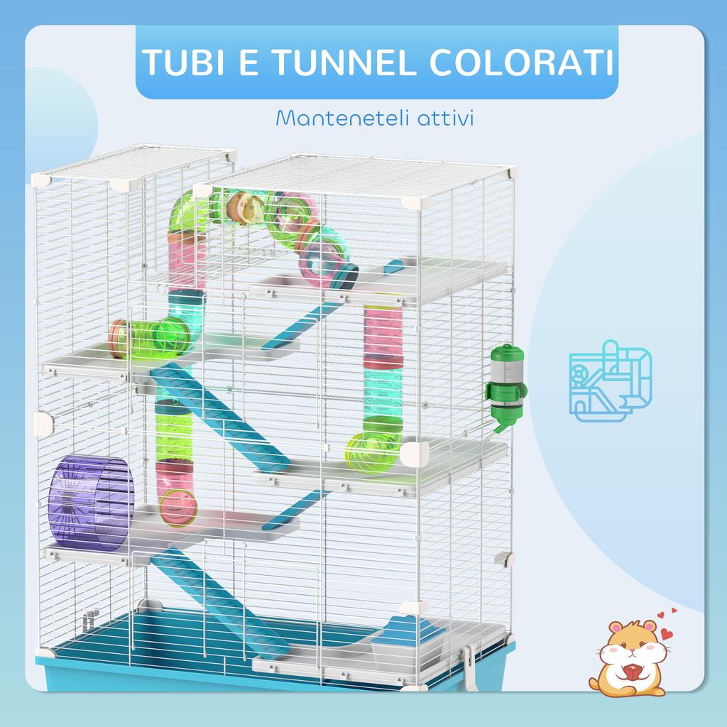 6-Level Hamster Cage with Tunnel, Wheel, Ramps, House, Bottle and Bowl, Blue