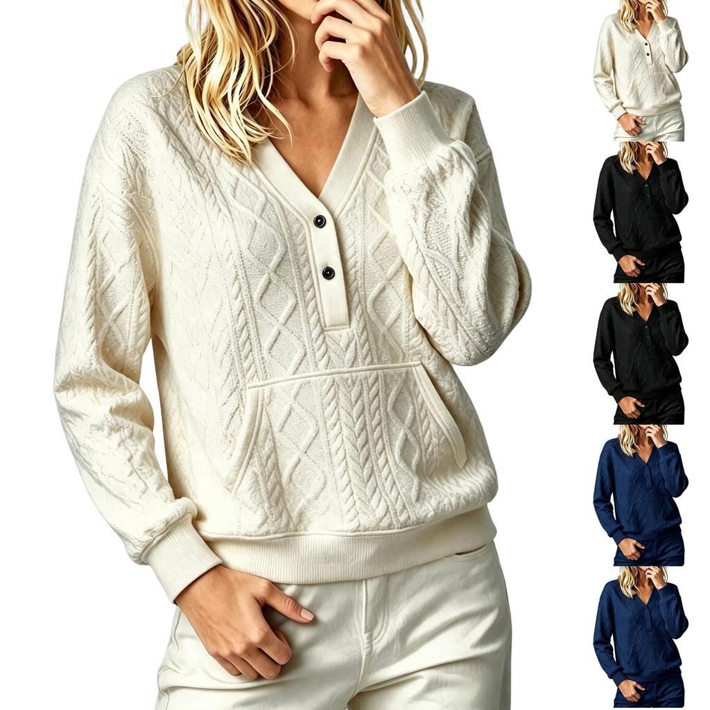 Women's Casual Long Sleeve Color Pullover Sweatshirt with Cable Knit Design