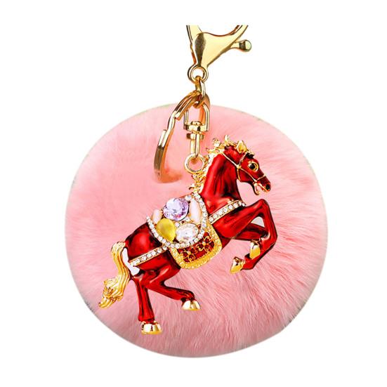 Keychain Sparkling Rhinestones Horse Charm Car Key Chain with Plush Ball Decor Holidays Graduation Decorative Accessory