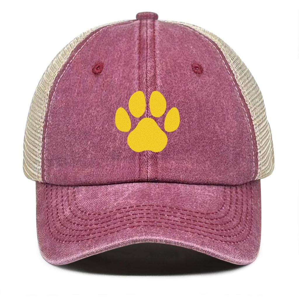 Golden Cat Paw Print Snapback Trucker Hat, Sports Hat Solid Color Curved Brim Retro Casual Adjustable Mesh Cap
