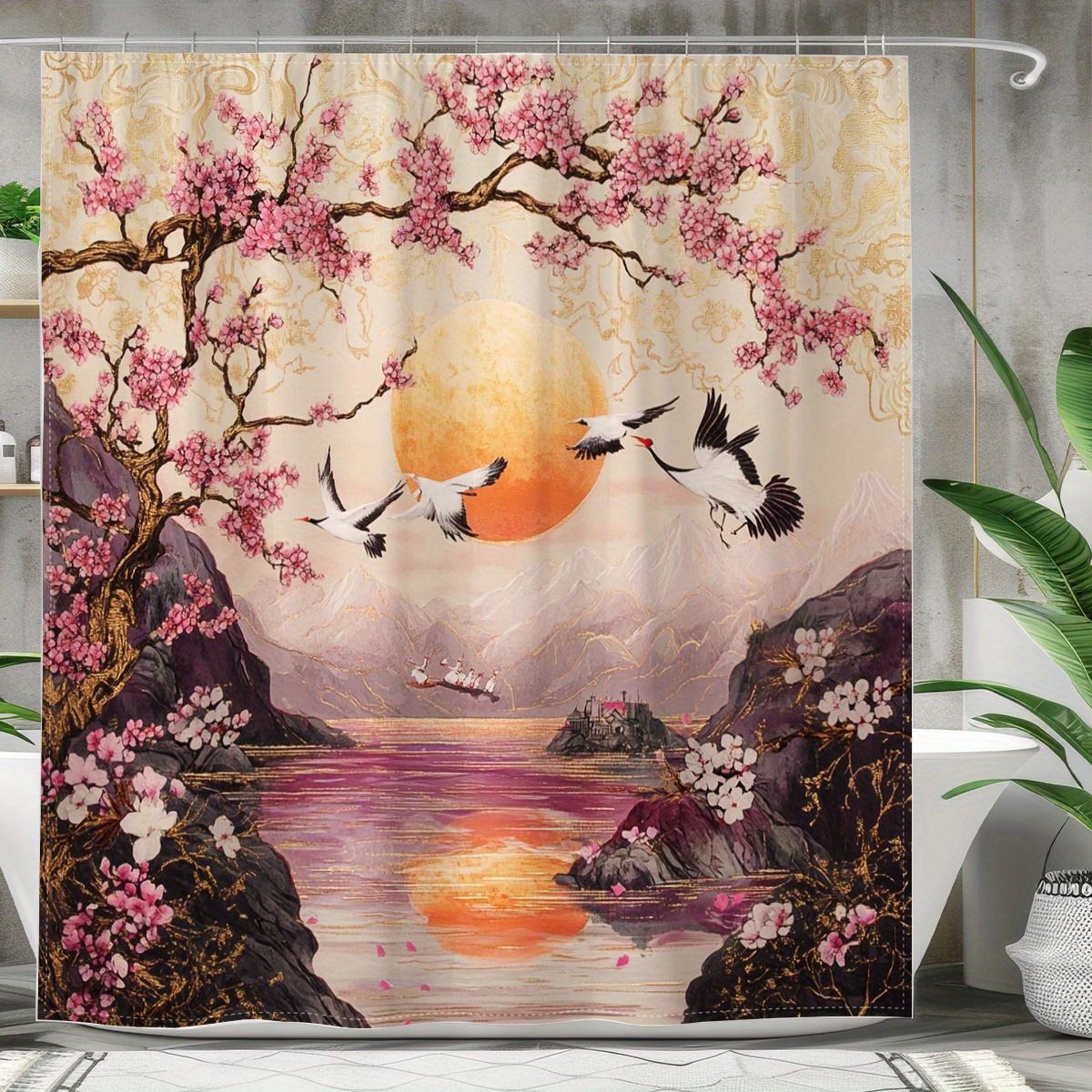 

1Pc Warm Sunset Peach Blossom Scenery Theme Digital Printed Shower Curtain, Made Of Polyester Fabric With Hooks, W60H190(CM)-1 Pcs
